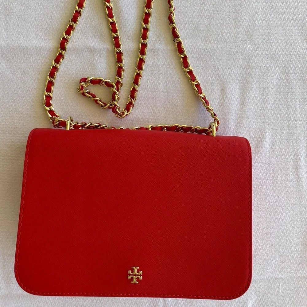 Tory Burch Red Saffiano Leather Emerson Robinson Chain Shoulder Bag Crossbody